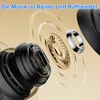 Close-up view of earbud components with sound waves emanating from them, against a gradient background. Produktbild-Vorschau