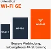 A graphic comparing Wi-Fi standards with bars representing Wi-Fi 5, Wi-Fi 6, and Wi-Fi 6E, with text highlighting benefits. Produktbild-Vorschau