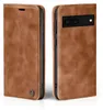A brown leather flip case for a Google Pixel 6a phone, shown from two angles. Produktbild-Vorschau
