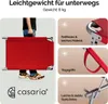 A person holding a red foldable lounge chair, with feature callouts on the right. Produktbild-Vorschau