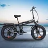 A black electric bicycle is shown against a backdrop of a sky and a distant cityscape. Produktbild-Vorschau