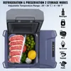 An open portable refrigerator showing food items inside, with icons and text describing its features. Voir les images du produit