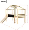A diagram of a wooden house-shaped bunk bed with a slide and ladder, showing dimensions. Produktbild-Vorschau