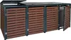 A multi-bin trash enclosure with wooden-look slats and a metal frame, shown outdoors against a white background. Produktbild-Vorschau