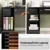A collage showing different views and details of a black desk, including storage compartments and a measurement graphic. Anteprima dell’immagine prodotto