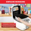 A person is holding a part of a white and gray kitchen appliance, possibly a deep fryer, in a kitchen setting. Produktbild-Vorschau