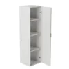 A tall, narrow white cabinet with its door open, revealing three shelves inside. The cabinet is shown from a side-angle, with the open door extending to the right. Podgląd zdjęcia produktu