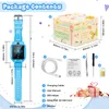The image displays a blue kids' smartwatch and its package contents, along with dimensions and labels. Produktbild-Vorschau