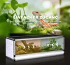 A terrarium with a lizard and a snake inside, with text overlays highlighting features. Produktbild-Vorschau