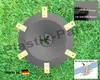 A grass trimmer cutting blade with multiple free-moving blades, set against a green grass background. It also includes inset diagrams and German text. Produktbild-Vorschau