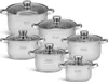 A set of stainless steel pots with glass lids, arranged in a staggered formation against a white background. Náhled obrázku produktu