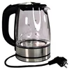 A glass electric kettle with a black handle and a silver base is shown against a white background. The kettle has measurement markings on its side and a power cord with a plug. Podgląd zdjęcia produktu