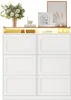 A white shoe cabinet with six doors and an open shelf with LED lighting on top, decorated with various items. Náhľad obrázku produktu