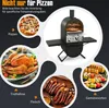 A collage of images showcasing a pizza oven and various foods that can be cooked in it, including pizza, turkey, steak, and vegetables. Produktbild-Vorschau