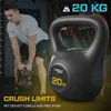 A man is shown lifting a kettlebell in a gym-like setting, with a large kettlebell and text overlays promoting the product. Produktbild-Vorschau