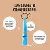 A blue dog whistle with text and graphics highlighting its features. Produktbild-Vorschau