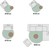 Diagrams showing different sizes of round rugs with furniture placement examples. Produktbild-Vorschau