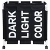 A black laundry hamper with three compartments, each labeled with white text: "DARK", "LIGHT", and "COLOR". The hamper has a white frame and wheels. Anteprima dell’immagine prodotto