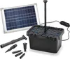 A solar-powered pond filter system with its components laid out on a white background. Voir les images du produit
