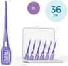 A product shot of Tepe Easypick interdental brushes, with a single brush on the left and a case of six brushes on the right, along with size and quantity information. Produktbild-Vorschau