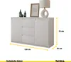 A white sideboard with drawers and doors, decorated with two vases and a framed picture on top. Dimensions are indicated with yellow arrows and text. Náhled obrázku produktu