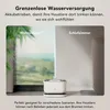 A pet water fountain is shown in two different room settings: a living room and a bedroom. Produktbild-Vorschau