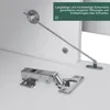 Close-up view of cabinet hinges and a support rod, with marketing text overlay. Náhled obrázku produktu