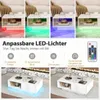 Collage of images showing a white coffee table with LED lights in various colors, and close-ups of its features and a remote control. Voir les images du produit