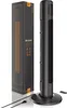 A tall, black tower fan and its packaging box are shown against a white background. A remote control and power cord are also visible. Podgląd zdjęcia produktu