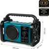 A teal and black Medion radio with dimensions indicated. Produktbild-Vorschau