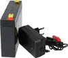 A black battery and a black charger with red and black clips are shown against a white background. Anteprima dell’immagine prodotto