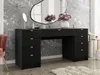 A black vanity table with gold handles and drawers, set in a room with a decorative gray and white wallpaper and a pink chair. Produktbild-Vorschau