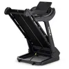 A black treadmill is shown from a low angle, with the deck raised. Produktbild-Vorschau