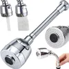 A collage of images showing a flexible faucet extender with different spray patterns and a hand holding it. Náhľad obrázku produktu