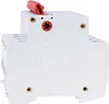 A white electrical switch with a red lever, mounted on a DIN rail. Produktbild-Vorschau