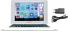 A white LAPTAB 10-inch touchscreen Android computer is shown with its charger and USB cable. The screen displays various app icons and a clock. Produktbild-Vorschau