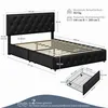 A collage showing a black upholstered bed frame with dimensions and information about its capacity and mattress size. It also includes a diagram of a drawer. Produktbild-Vorschau