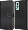 A black flip-style phone case for a OnePlus Nord 2 5G is shown from the front and back. Produktbild-Vorschau