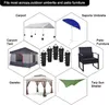 A collage of various outdoor items and accessories, including tents, umbrellas, furniture, and sun shelters, with labels indicating their use. Produktbild-Vorschau
