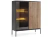 A modern display cabinet with a dark frame, glass doors, and slatted wood panels, illuminated by internal LED lights. Produktbild-Vorschau