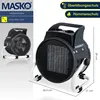 A product image of a black electric heater with white legs, shown from the front and side. There is also a smaller image of the heater from the side on the left. Text and icons are present in the top left and top right corners. Produktbild-Vorschau