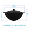 A diagram showing the dimensions of a black cauldron with measurement lines and text. Produktbild-Vorschau