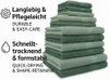 A stack of folded towels with text describing their features. Produktbild-Vorschau