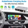 A collage showing a car's infotainment system with a wireless CarPlay/Auto adapter for an Alfa Romeo Stelvio. It includes icons for CarPlay, Android Auto, Navigation, and Mirroring, along with the adapter itself and a view of the car's dashboard and screen Anteprima dell’immagine prodotto