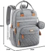 A gray diaper bag backpack with brown accents and a small attached pouch, shown with dimensions indicated by measurement lines and numbers. Náhled obrázku produktu