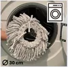 A mop head is being held in front of an open washing machine drum, with a washing machine icon in the upper right corner and a diameter measurement at the bottom left. Produktbild-Vorschau