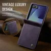 A purple leather flip case for a Samsung Galaxy Z Flip phone is shown, with text overlay describing its vintage luxury design. Produktbild-Vorschau
