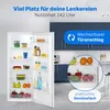 An open refrigerator filled with food and drinks, with kitchen cabinets in the background. A circular inset highlights the vegetable drawer. Produktbild-Vorschau
