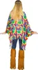 A person wearing a tie-dye poncho and fringe leg warmers, viewed from the back. Produktbild-Vorschau