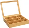 An open wooden box with multiple compartments and a transparent lid. Podgląd zdjęcia produktu